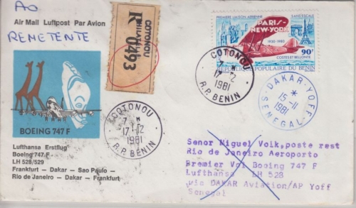 Benin - 90 Fr 1st-Flug Paris-New York Luftpostbrief Einschreiben Conotou 17.2.81