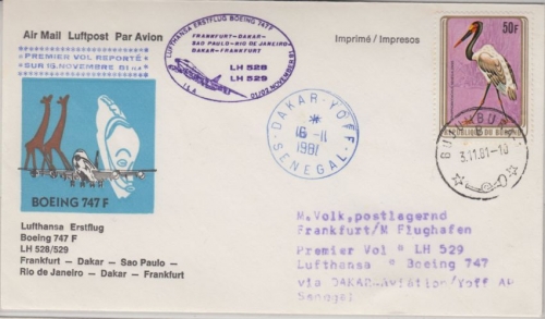 Burundi - 50 F. Birds Zuleitungspost Etappenpost LH 1st-Flug Dakar FFM 1981 RRR!