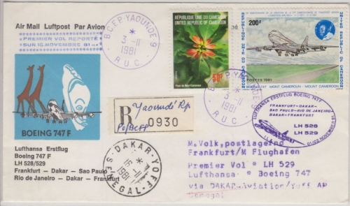 Cameroon - 200 Fr. Boeing Zuleitungspost Etappenpost LH 1st-Flug Dakar FFM 1981