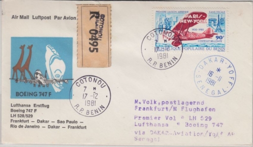 Benin - 90 Fr 1st-Flug Paris-New York Luftpostbrief Einschreiben Conotou Dakar