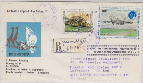 Cameroon - 200 Fr. Boeing Zuleitungspost Etappenpost LH 1st-Flug Dakar 3.11.1981