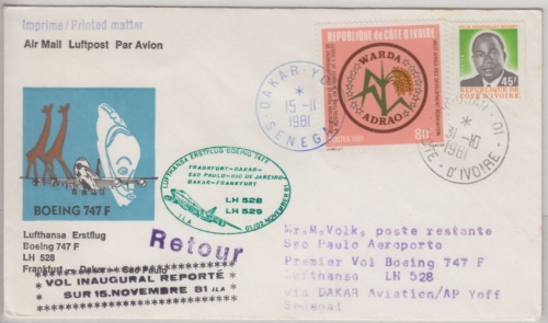 Cote D'Ivoire 80 Fr. WARDA ADRAO Etappenpost LH 1st-Flug Dakar sao Paulo 1981