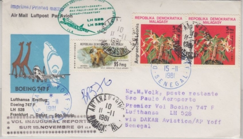 Madagaskar - 95 Fr. Mohrenmaki u.a. Etappenpost LH 1st-Flug Dakar Sao Paulo 1981