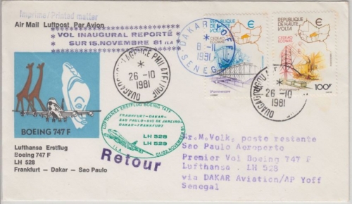 Obervolta - 100+75 Fr CEDEAO ECOWAS Etappenpost LH 1st-Flug Dakar Sao Paulo 1981