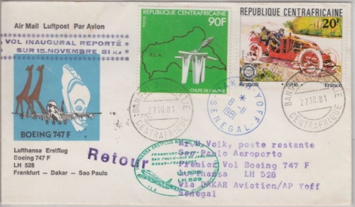 Centrafricaine - 20 Fr Renault u.a. Etappenpost LH 1st-Flug Dakar Sao Paulo 1981