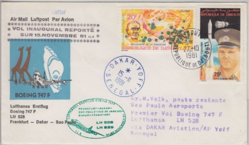 Djibouti - 75 Fr. Gagarin u.a. Zuleitungspost Etappenpost LH 1st-Flug Dakar 1981