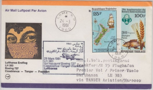 Togolais - 100 Fr Rotary u.a. Zuleitungspost Etappenpost LH 1st-Flug Tanger 1981