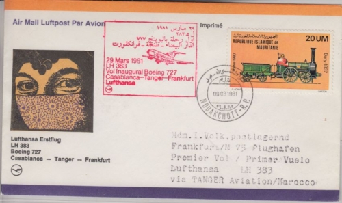 Mauretanien - 20 UM Dampflokomotive Etappenpost LH 1st-Flug Tanger FFM 1981