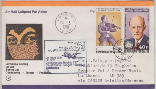 Togolaise - 85 Fr. Einstein u.a. Etappenpost LH 1st-Flug Tanger FFM 1981