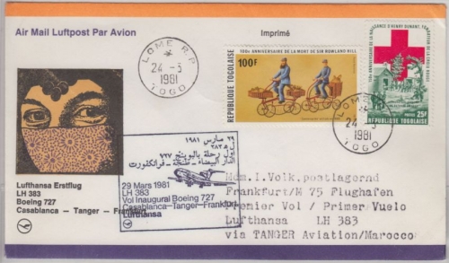 Togolaise - 100 Fr. R. Hill u.a. Etappenpost LH 1st-Flug Tanger FFM 1981