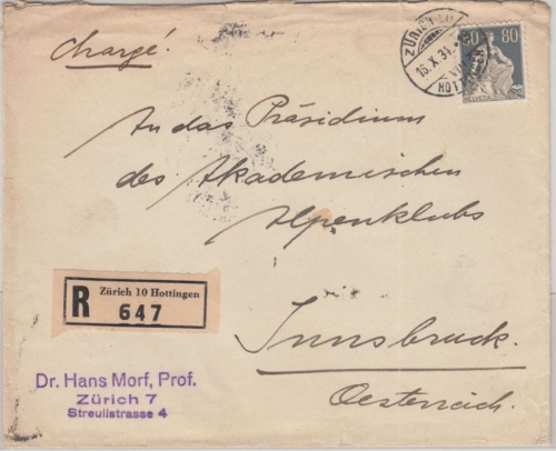 Schweiz - 80 Rp. sitz. Helvetia Einschreibebrief n. ÖSTERREICH Zürich 1934 n.