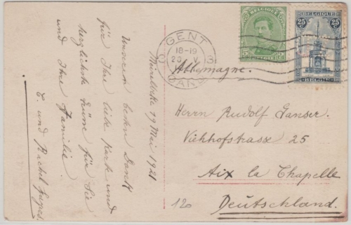 Belgien - 25 C. Peron de Liege Perfin ZD u.a. Karte Gent Aachen 1921