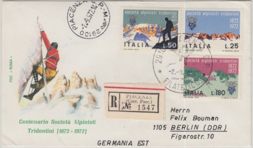Italien - 100 J Trentiner Bergsteigerclub Schmuck-FDC Einschreiben Piacenza 1972