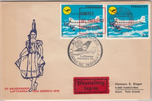 Paraguay - 2x5 Gs. Tante Ju Sonderflug 50 J. Luftpostverbindung Eilbrief 1976