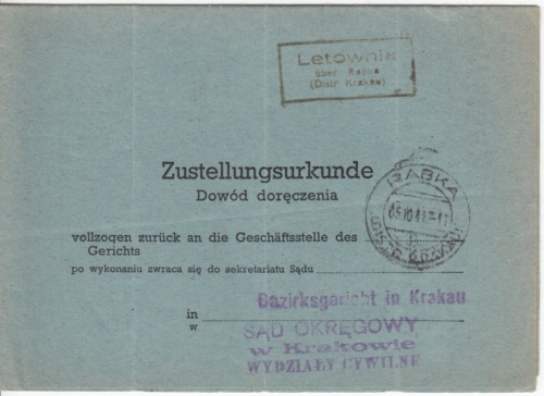 Generalgouvernement - Letownia ü. Rabka 1941 Landpost-Ra2 Zustellurkunde n.