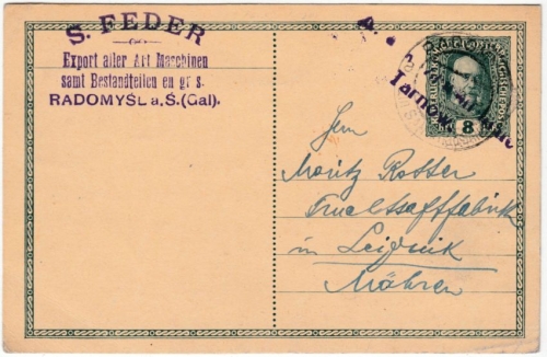 Österreich - 8 H. Ganzsache Radomysl - Leipnik 1916 Zensur-L2 Tarnow
