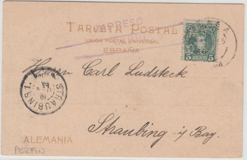Spanien - 5 C Kadett Alfons XIII. Perfin RMBC Drucksache Malaga - Straubing 1905