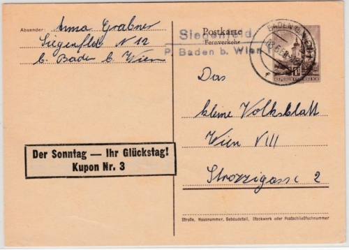 Österreich - Siegenfeld P. Baden b. Wien Postablage L2 Ganzsache n. Wien 1960