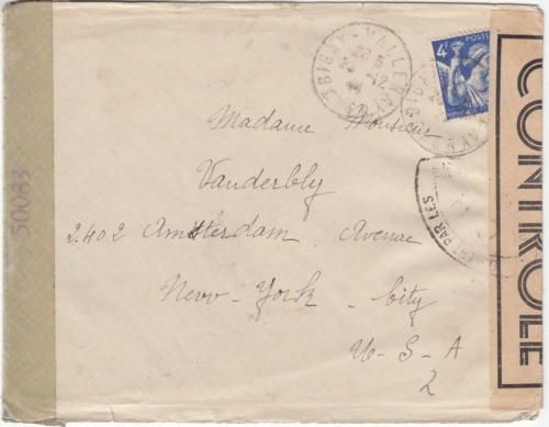 Frankreich - 4 Fr. Iris Brief n. USA Bigny-Vallenay - New York 1944 Doppelzensur