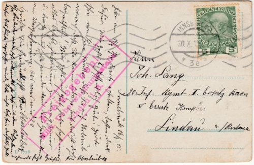 Österreich/Bayern - Lindau roter Zensur-Ra3 Karte Innsbruck - Lindau 1915