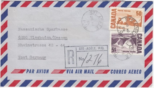 Canada - 50+15 C. Freimarken Luftpost Einschreibebrief Ste. Adele Wiesbaden 1968