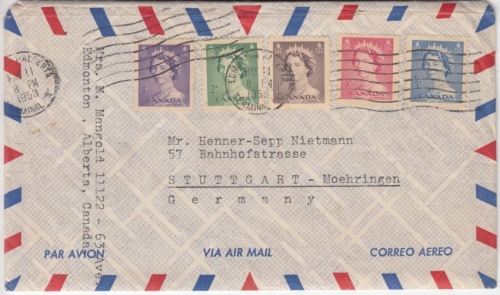 Canada - Queen Elisabeth Ausg. 1953 Satz (5 Werte) Luftpostbrief Edmonton 1953