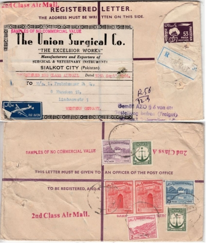 Pakistan - 53 P Ganzsache Muster ohne Wert Luftpost Einschreiben Sialkot 10.9.64