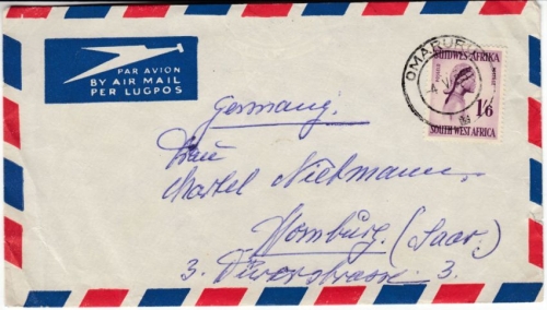 Südwestafrika - 1 Sh 6 P. Ukuanjama Luftpostbrief Omaruru - Homburg Saar 1955