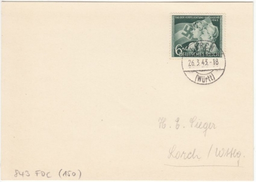 DR - 6 Pfg. Verpflichtung d. Jugend Karte m. Ersttagsstempel Lorch 26.3.43