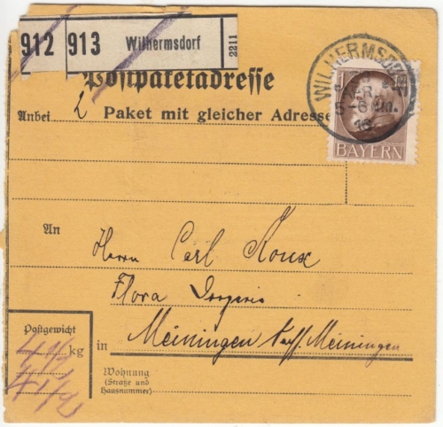 Bayern - 1 M. Ludwig Paketkarte 2 Pakete Wilhermsdorf Meiningen 28.4.16