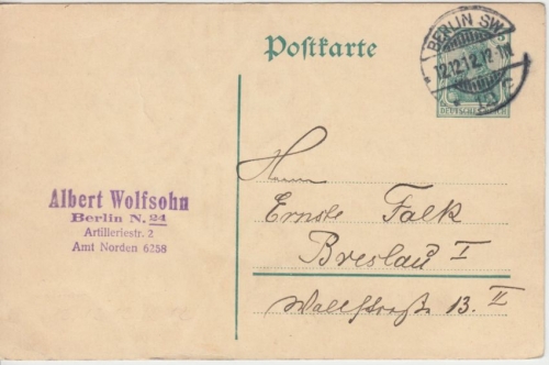 DR - Berlin SW 12 12.12.12 12-1-N Schnapszahl 5 Pfg. Ganzsache n. Breslau