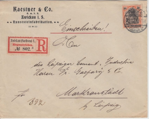 DR - 30 Pfg. Germnaia Einschreibebrief Zwickau Markranstädt 1908
