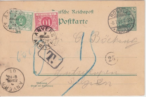 DR - 5 Pfg. Germania Ganzsache n. BELGIEN Rossla - Antwerpen 1901 Nachporto