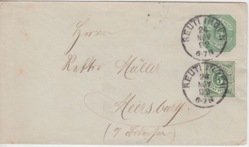 Württemberg - 5 Pfg. Ganzsachenumschlag + Zusatz Reutlingen Meersburg 1892