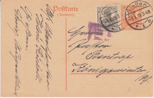 DR - 7 1/2 Pfg. Germana Ganzsache A-Teil Gießen - Königswinter 1919 US-Zensur
