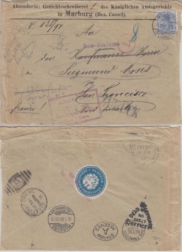 DR - 20 Pfg Germania Brief n. USA Marburg San Francisco 1905 div. Retourvermerke