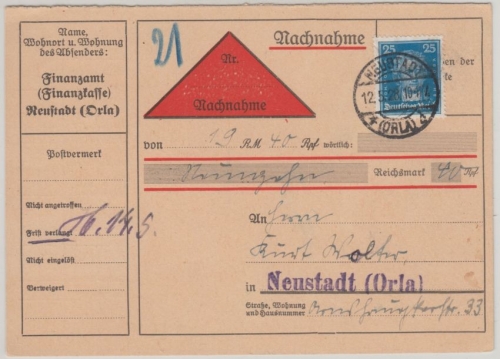 DR - 25 Pfg. Goethe Nachnahme Ortskarte Neustadt (Orla) 1928