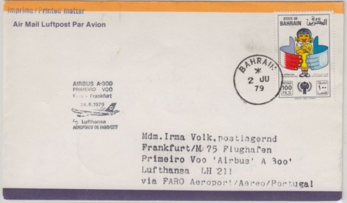 Bahrain - 100 F. Int. Year of the Child LH 1st-flight Faro FFM Zuleitung 1979