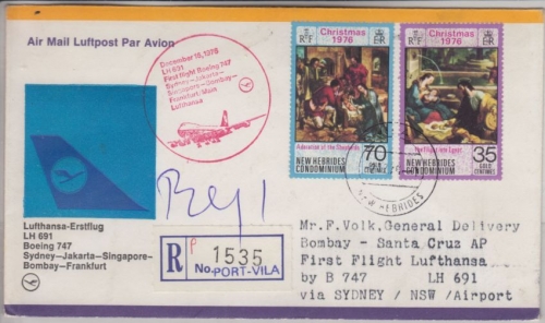 Nouvelles Hebrides - 35+70 FNH Christmas LH 1st-flight Sydney FFM Zuleitung 1976