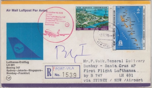Nouvelles Hebrides - 25 C + 1 F. Condominium LH 1st-Flight Sydney FFM 1976