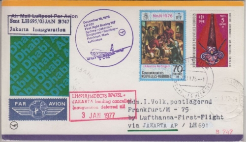 Nouvelles Hebrides - LH 1st-Flight Sydney FFM 1976 Zuleitungspost Etappe Jakarta