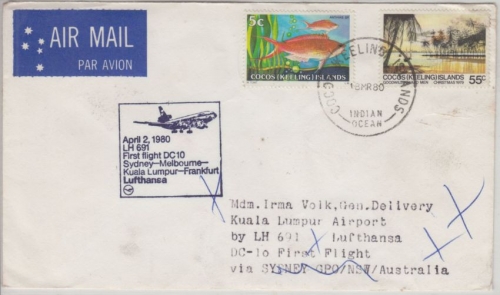 Cocos Island - 5 C. Fisch u.a. LH 1st-flight Sydney FFM 1980 Zuleitung Etappe