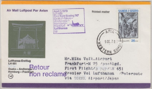 Samoa i Sisifo - 26 S. Christmas LH 1st-flight Osaka FFM 1979 Zuleitung Etappe