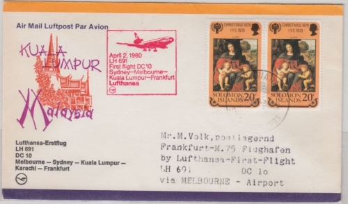 Solomon Islands - 2x20 C. Christmas LH 1st-flight Sydney FFM Zuleitungspost 1980