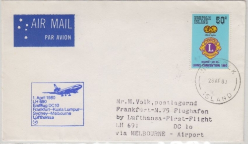 Norfolk Island - 50 C Lions Club LH 1st-flight FFM Melbourne Zuleitungspost 1980