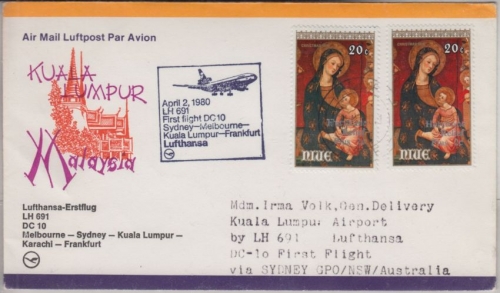 Niue - 2x20 C, Christmas LH 1st-flight Sydney FFM Zuleitungspost 1980 Etappe !!