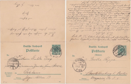 DR - 5/5 Pfg. K/A Ganzsache Doppelkarte Berlin NW66 Potsdam 1893