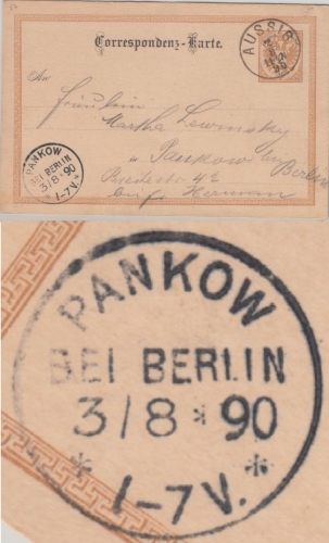 DR - Pankow b. Berlin 1890 K1 Ankunftsstempel a. österr. Ganzsache Aussig
