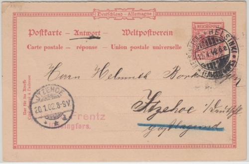 DR - 10 Pfg. K/A Ganzsache Antwortteil aus FINNLAND Helsinki Itzehoe 1902