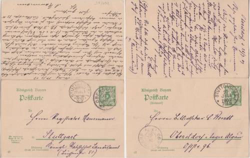 Bayern - 5/5 Pfg. Rauten Ganzsache Doppelkarte Oberstdorf Stuttgart retour 1907